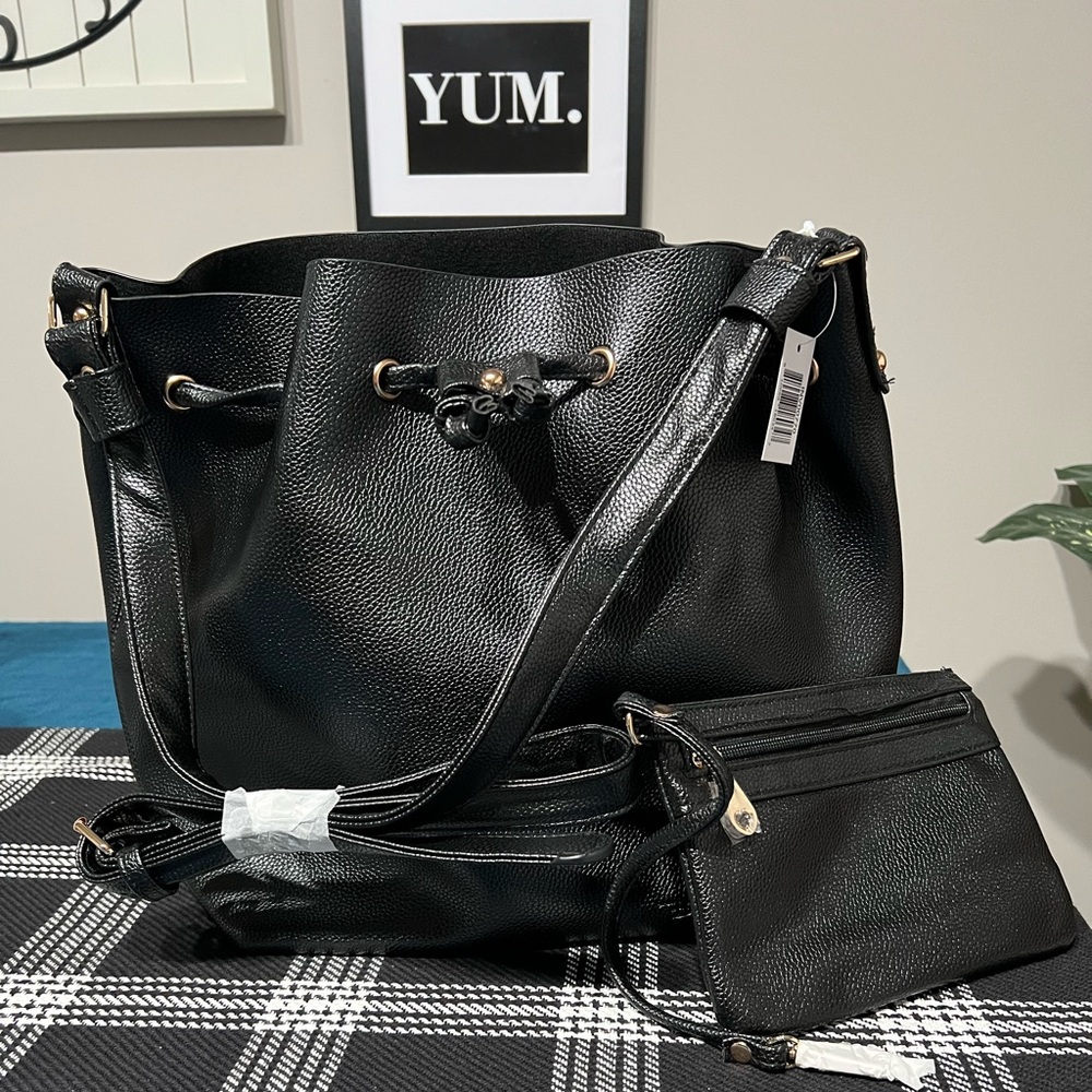 Faux leather black textured Tote Bag with Gold Accents
